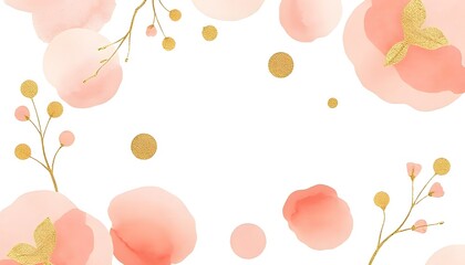 A soft watercolor abstract background with pastel pink and white blotches, accented by gold and black splatters and dots