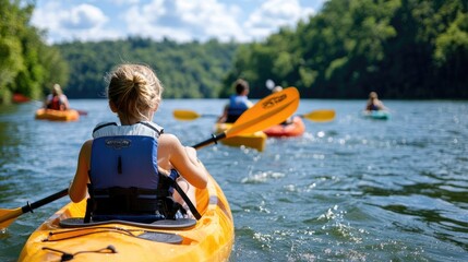 scenic lake view with families kayaking and enjoying the water, capturing the relaxation of Labor Day weekend