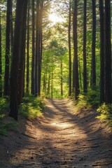 Obraz premium Scenic Forest Path in Lush Green Pine Trees