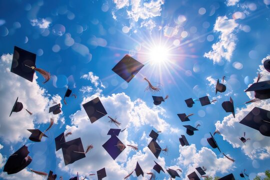Graduation Hats. Students Celebrating Success by Tossing Caps into the Sky