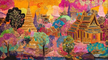 Fototapeta premium Northern Thai Fabric Painting Art