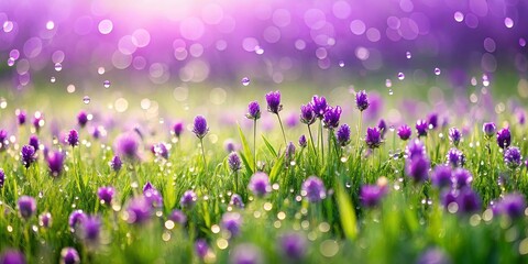 Fototapeta premium Lush green field with purple flowers covered in water droplets