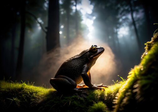 noir-inspired spring peeper silhouette against dark moody forest background with subtle mist and dramatic highlights