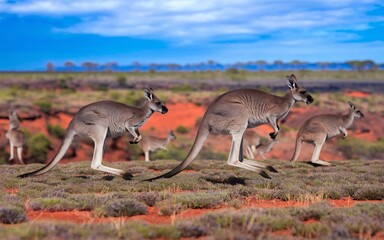 Naklejka premium Outback Landscape with Kangaroos: Vast Australian Scene with Open Space