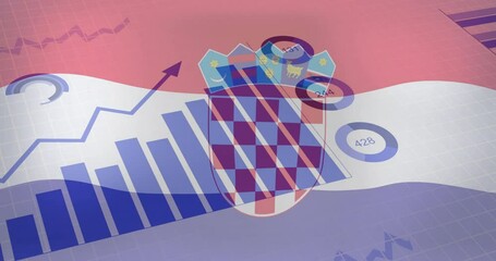 Croatian flag with financial data charts and graphs animation - Powered by Adobe