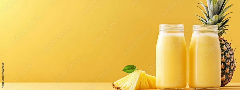 Sticker two bottles of pineapple juice adjacent to a pineapple against a yellow backdrop a pineapple is plac