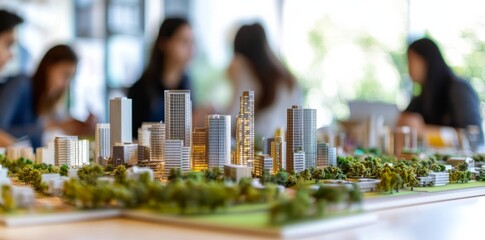 A close-up of an urban model with skyscrapers, greenery, and people interacting in the city center on the table in focus