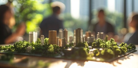 A close-up of an urban model with skyscrapers, greenery, and people interacting in the city center on the table in focus