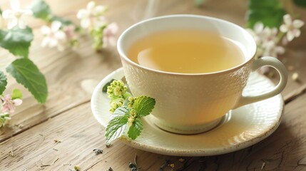 A cup of tea with lemon and mint leaves on a wooden table, surrounded by chamomile flowers.