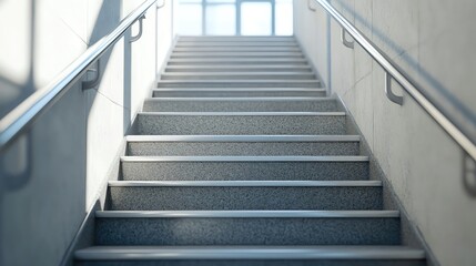 A modern staircase leading upwards, showcasing sleek design and natural light streaming through a large window.