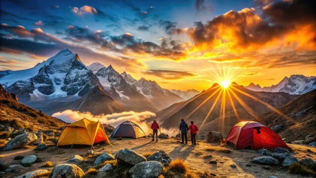 exhilarating sunrise mountain basecamp morning rays warm trekkers rising peaks scenic vistas majestic grandeur new beginnings adventurous spirit brave explorers - Powered by Adobe