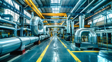 Fototapeta premium Large metal pipes twist through an industrial atmosphere, highlighting a central stainless steel air conditioning system amidst bright blue flooring
