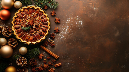 Top view of a pecan pie with Christmas decoration elements. Brown background with copy space. Template background of the Thanksgiving seasonal for social media post.