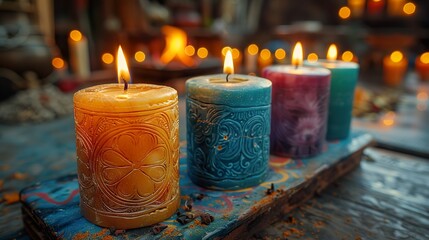 Props for a tarot session. Cards, candles, atmospheric lighting.