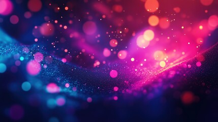 A vibrant abstract bokeh background with pink and blue particles creating a dynamic, neon-lit effect against a dark backdrop.