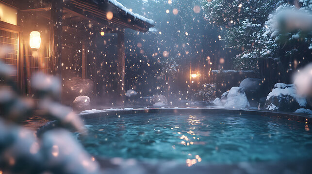 Outdoor hot spring bath in the middle of falling snow. Generative AI illustration 