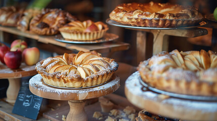 Apple pies on a bakery display shelf in a cafe. Background for of the Thanksgiving seasonal or bakery and pastry business.