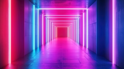 A sleek futuristic corridor illuminated by vibrant pink and blue neon lights, creating a modern and energetic atmosphere.
