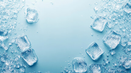Obraz premium A light blue, icy surface with scattered ice cubes in the top left and bottom right corners.