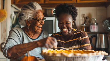 Happy old and young black woman are making a pumpkin pie in a kitchen. Background for of the Thanksgiving seasonal or bakery and pastry business.