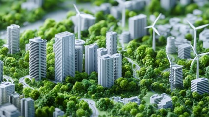 3D rendering of a green city with buildings, wind turbines, and trees on a light background for an ecology and environment concept design.