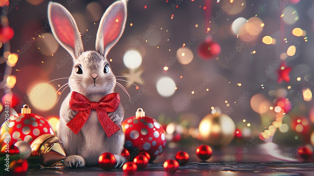 Canvas Prints A cute cartoon bunny wearing a red bow, standing in front of Christmas ornaments.