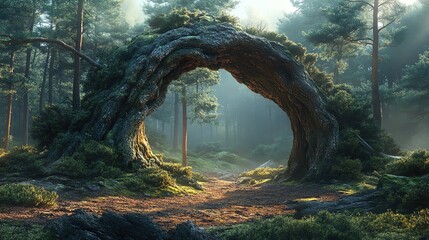 Fototapeta premium A mystical forest scene featuring a unique rock arch framed by lush greenery and soft light filtering through the trees.
