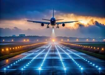 Fototapeta premium Moody dawn misty foggy morning runway Dallas Fort Worth International Airport aircraft landing lights streaking across dark blue heaven