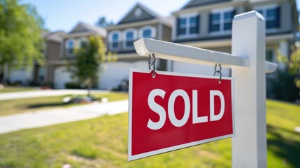 A red "Sold" sign placed in front of a newly purchased suburban home, symbolizing real estate success and homeownership.