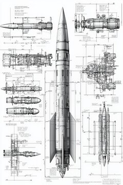 A highly detailed black and white technical drawing of the ballistic missile. Blueprint illustration showcases the missile in various views, including side, cross-section, and top-down perspectives.