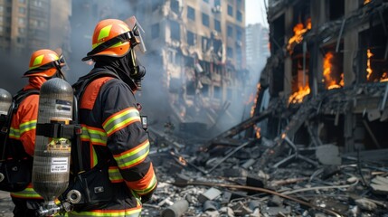 Firefighters in protective gear respond to a raging urban building fire, showcasing bravery and emergency response in a dangerous situation.