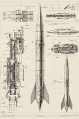 Obraz premium A highly detailed black and white technical drawing of the ballistic missile. Blueprint illustration showcases the missile in various views, including side, cross-section, and top-down perspectives.
