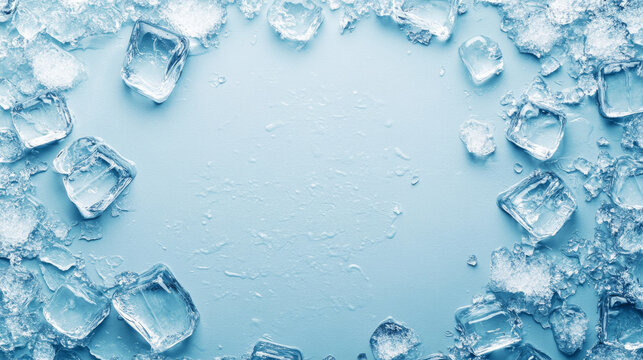 A light blue, icy surface with scattered ice cubes in the top left and bottom right corners.