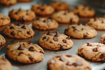 Freshly baked chocolate chip cookies cooling on a baking sheet after coming out of the oven