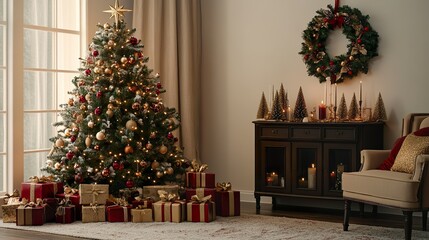 Christmas living room with gifts under the tree and elegant holiday decorations