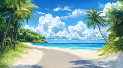 Obraz premium A painting of a road leading to the beach with palm trees, AI