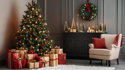 Christmas living room with gifts under the tree and elegant holiday decorations
