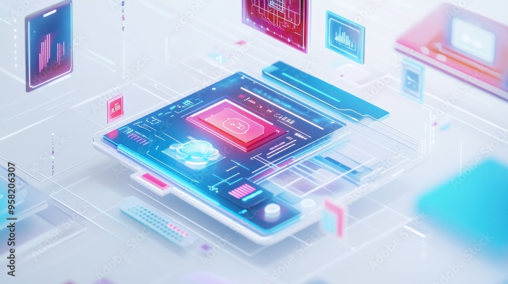 Poster Futuristic Tech Interface with Glowing Screens and Data Visualization