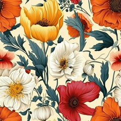 Seamless pastel retro style hand drawn floral pattern. High detailed flower 70s style texture. Sketch drawing. Design of clothes, fabrics, textiles, wallpapers, covers, canvases, packaging