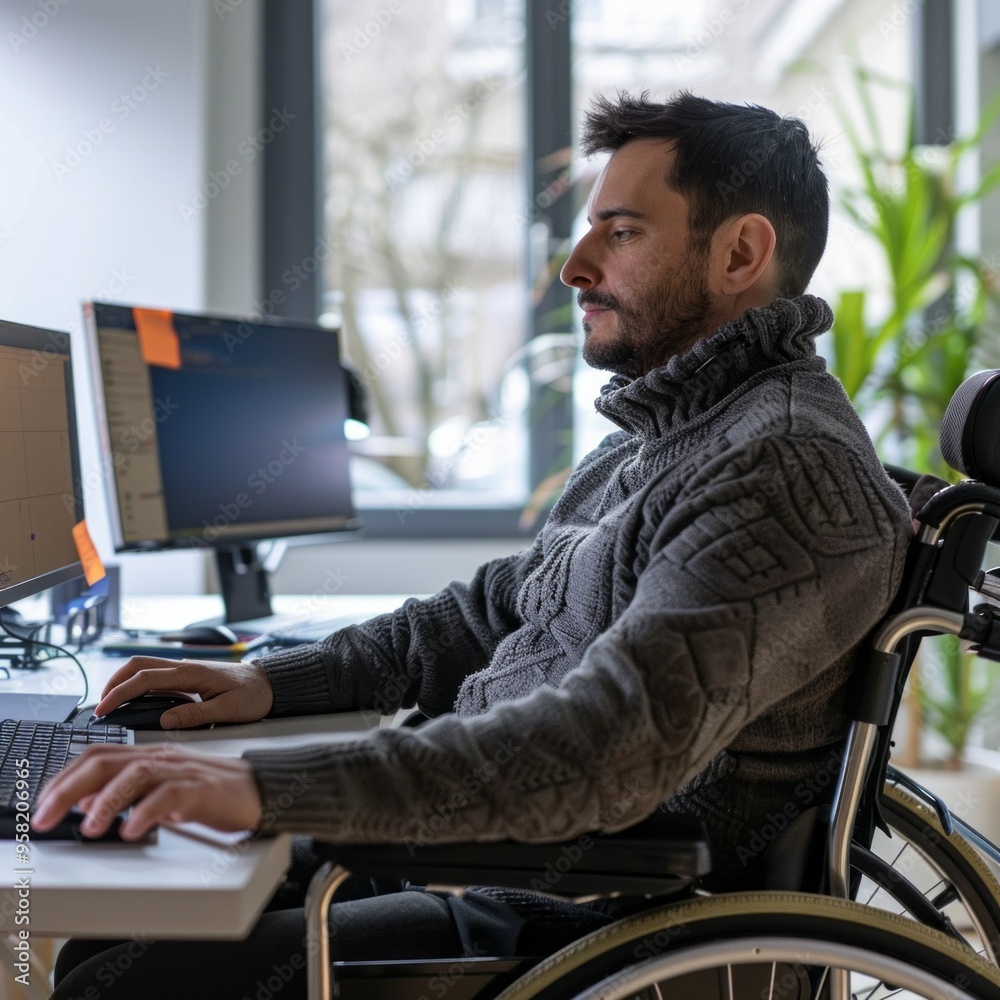 Poster A man in a wheelchair is sitting at a desk with a computer and a keyboard