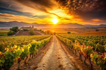 Naklejka premium Rioja Sunsetscape GoldenHour Vineyard Landscape FocalBlur WarmTones AuthenticSpanishCulture