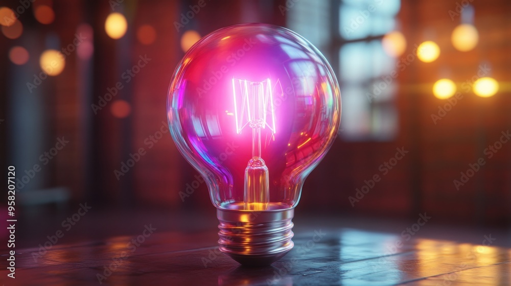 Poster Illuminated Light Bulb with a Pink Glow and Bokeh Background