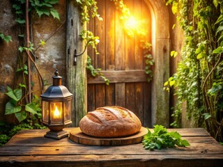 Obraz premium Morning sunlight round bread mix weathered wooden door distressed metal lanterns lush greenery worn wood accents relaxed atmosphere