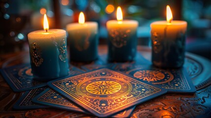 Props for a tarot session. Cards, candles, atmospheric lighting.