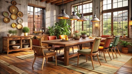 Fototapeta premium Rustic wooden table with mismatched vintage chairs in a cozy eclectic meeting room with warm earthy colors and vintage decor