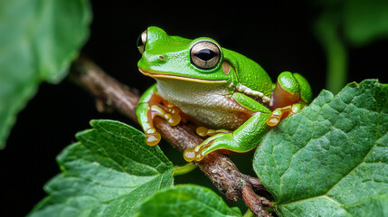 Naklejka premium A green frog is sitting on a leafy branch