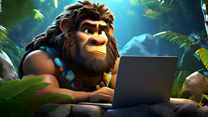 Stone Age Cartoon Character Realistic 3D Man Drinking Coconut in Jungle 4K