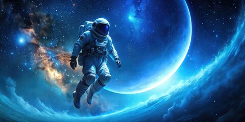Fototapeta premium futuristic astronaut in a blue spacesuit floating amidst a galaxy of stars and nebulas with a subtle crescent moon in the background