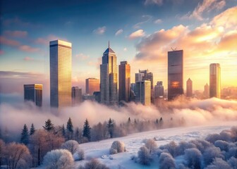 Fototapeta premium frozen morning fog rising above snow-dusted skyscrapers in urban landscape capturing quiet solitude gentle pastel hues soft focus cityscape photography