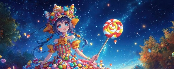 Naklejka premium A whimsical girl surrounded by colorful candy under a starry night sky, exuding joy and fantasy with sweet confections.
